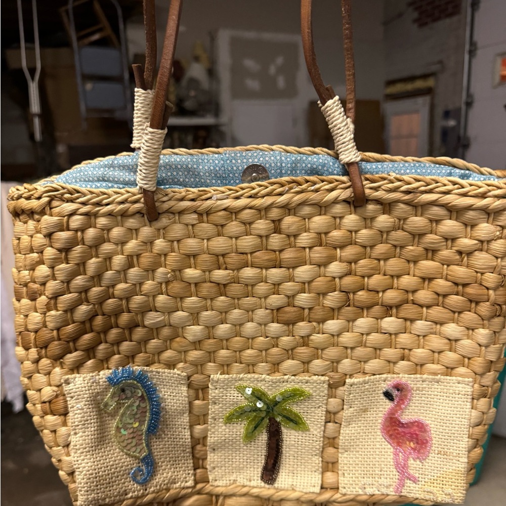 QVC Woven Wicker Leather Strap Embroidered Shoulder Beach Bag